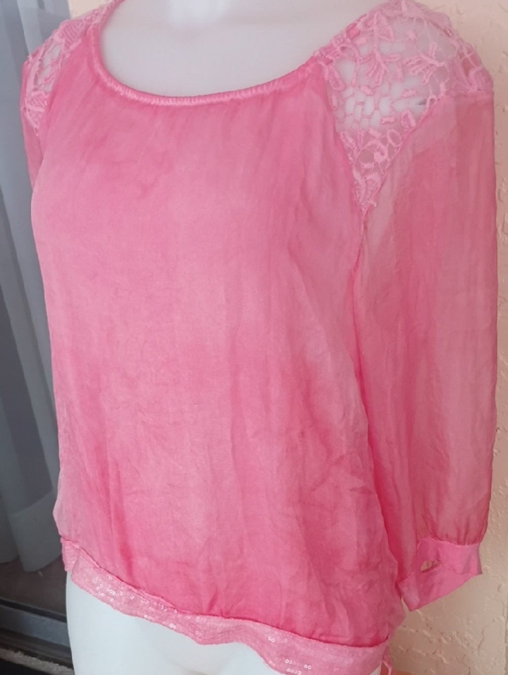 100 %Silk Light Coral -Yoke Women’s Blouse Made In Italy